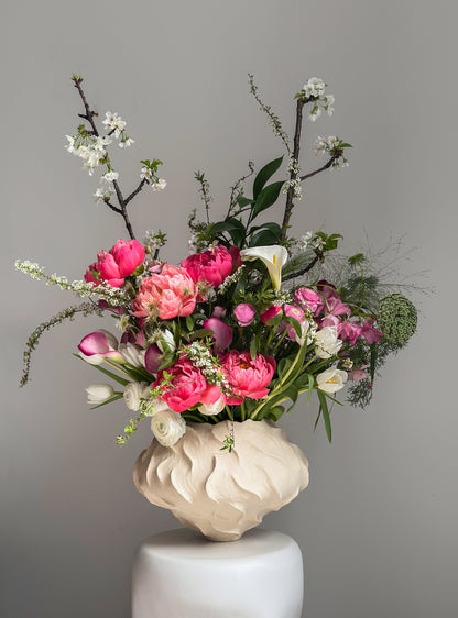 Bouquet of Peony Coral Charm, Ranunculus Butterfly and Blooming Branches