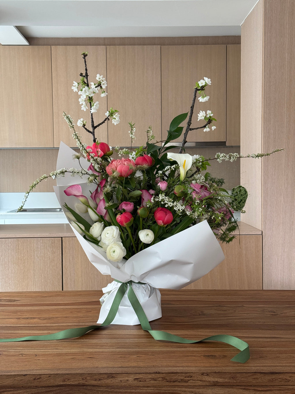 Bouquet of Peony Coral Charm, Ranunculus Butterfly and Blooming Branches - Luxury from Meadow, available in Barcelona