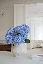 Bouquet of blue hydrangea in a vase on a neutral background